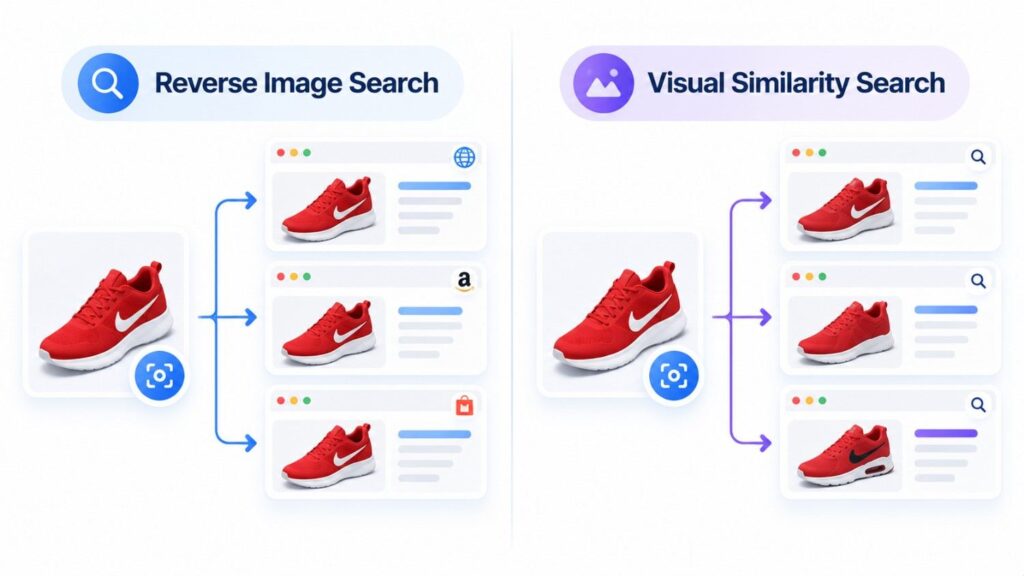 Reverse image search compared with visual similarity search using a reference image