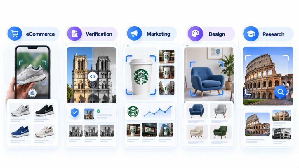 Image search applications for ecommerce, verification, marketing, design, and research