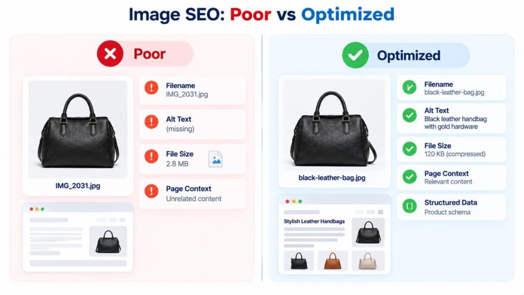 Image SEO comparison showing poorly optimized and search-optimized website images
