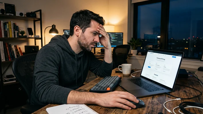 A realistic photograph of a frustrated male developer sitting at a wooden desk at night, illuminated by a warm desk lamp. He is leaning forward with one hand pressed against his forehead in disbelief and exasperation while analyzing a software provider's homepage on his laptop. The laptop screen displays a vague "Features & Pricing" landing page with generic layouts and no clear pricing numbers. On the desk, next to a mechanical keyboard and a computer mouse, a handwritten notepad contains jotted-down notes with question marks, reading "Pricing??", "Limits??", "Support??", and "SLA?". The background shows a dimly lit home office setup with bookshelves and a window overlooking a dark city skyline