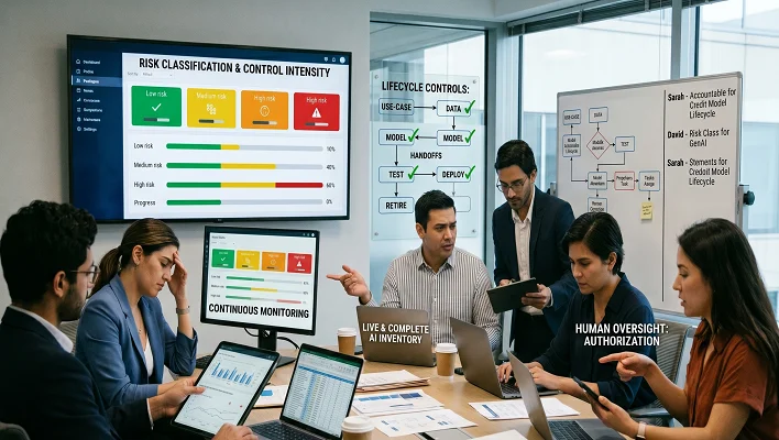 A professional corporate conference room setting where a team evaluates AI compliance dashboards. A large wall display tracks risk classification and control intensity across green, yellow, and red categories. Additional monitors display continuous monitoring charts and lifecycle control flowcharts, while team members collaborate with laptops, tablets, and folders detailing system ownership and human oversight workflows.