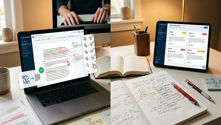 A split-screen image showing the contrast between human writing and AI detection. On the left, a close-up photo of a person's hand manually writing erratic notes and crossing out text in a paper notebook. On the right, a close-up view of a laptop screen displaying "Text Analytics Pro" software with complex, jagged data graphs tracking text perplexity and burstiness patterns.