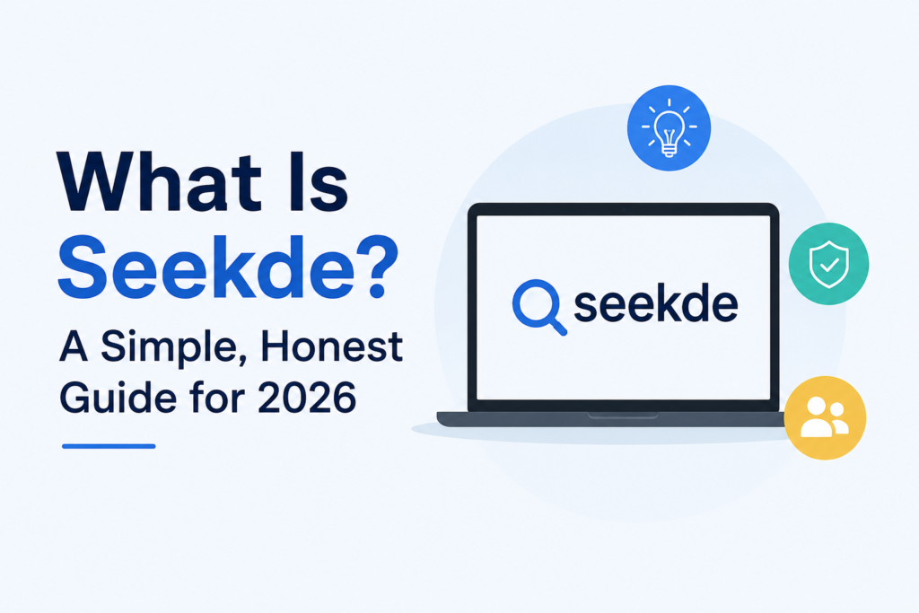 Illustration showing the Seekde platform on a laptop screen with search, security, and user icons, representing an easy-to-understand guide to Seekde in 2026.