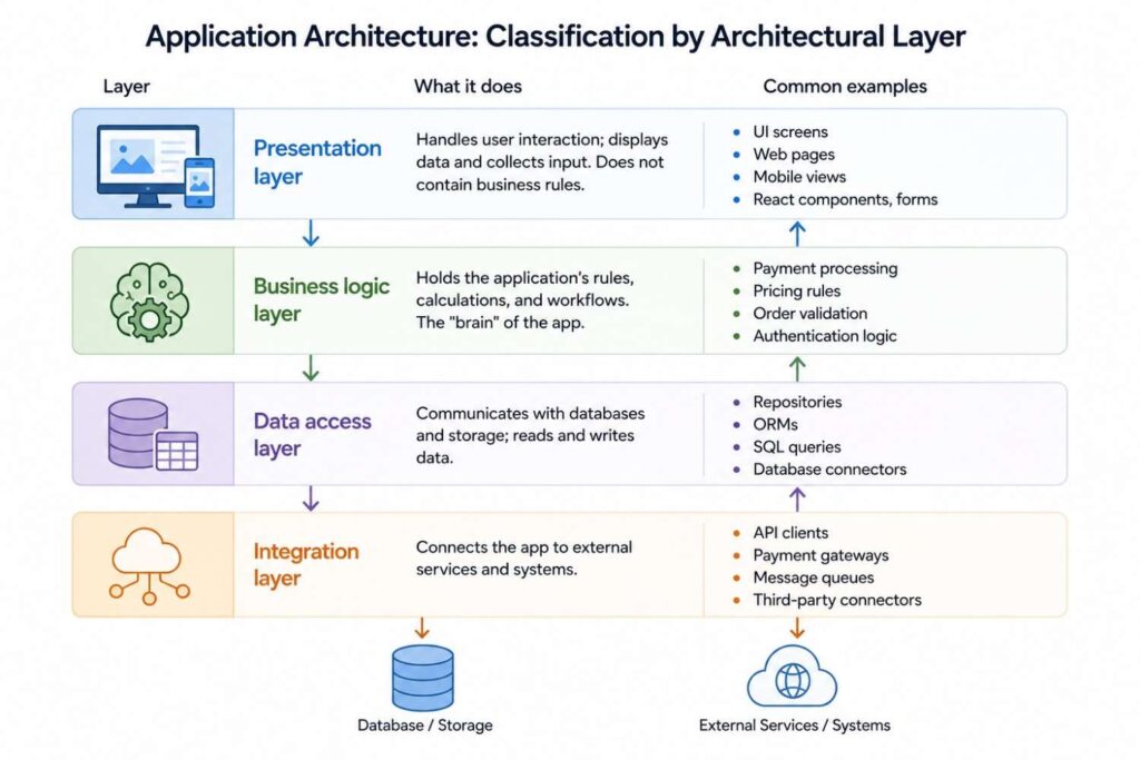Infographic illustrating the four layers of application architecture: Presentation Layer for user interfaces, Business Logic Layer for application rules and workflows, Data Access Layer for database communication, and Integration Layer for connecting external services and APIs. Arrows show the flow of data between layers, databases, and third-party systems.