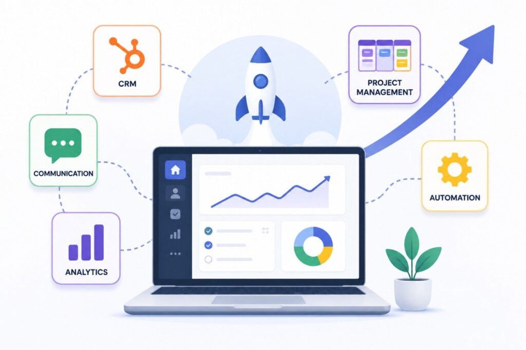 Minimal illustration of a startup growth tool stack featuring a central business dashboard connected to CRM, communication, analytics, project management, and automation tools, with a rocket launch and upward growth arrow symbolizing business scaling.