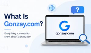 Gonzay.com website overview with laptop illustration explaining what Gonzay.com is and how it works