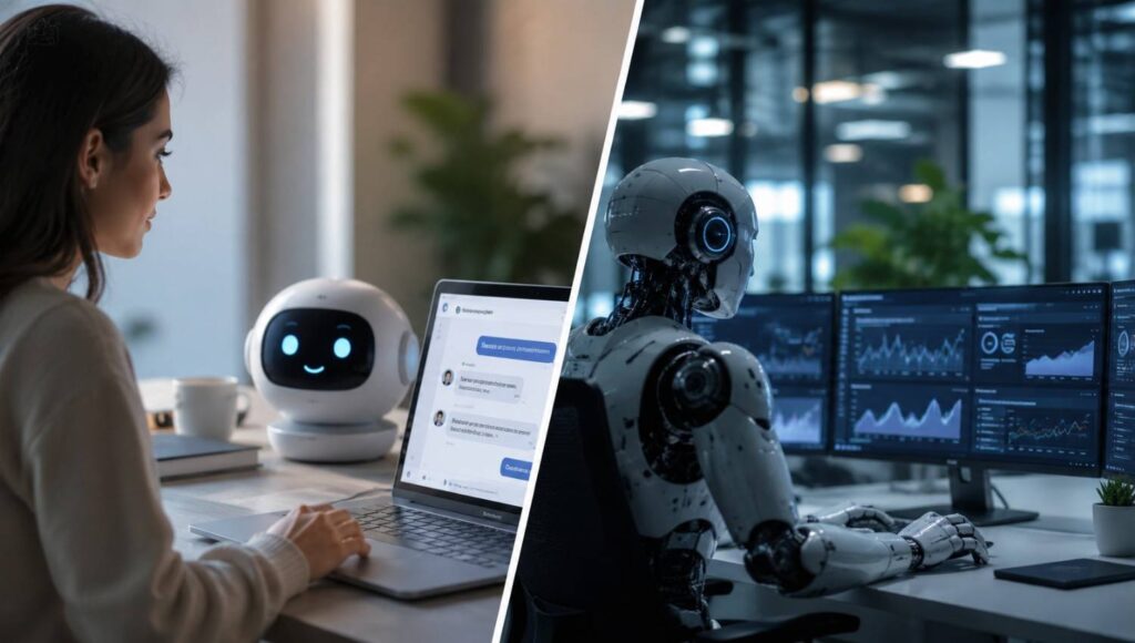 AI agent vs chatbot comparison showing a chatbot responding to a user while an autonomous AI agent completes business tasks independently