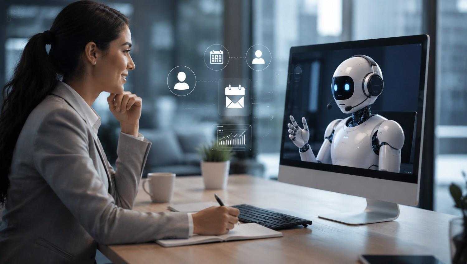 Sales and lead AI agent qualifying leads, scheduling meetings, and updating CRM in a modern sales office