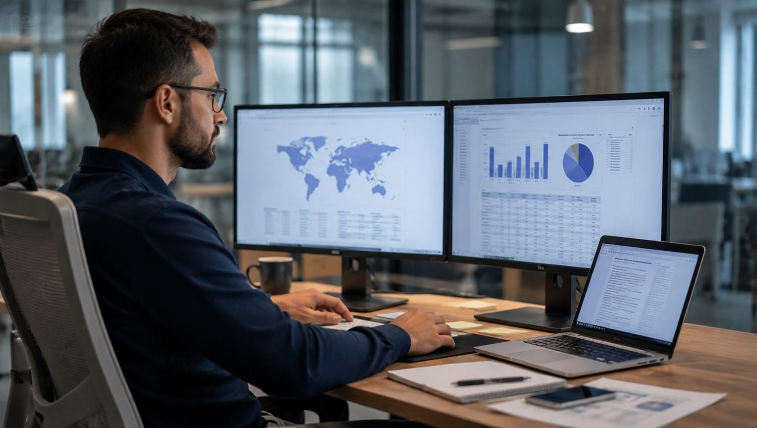 Research and data AI agent analyzing market trends, competitor data, and business reports on multiple computer screens