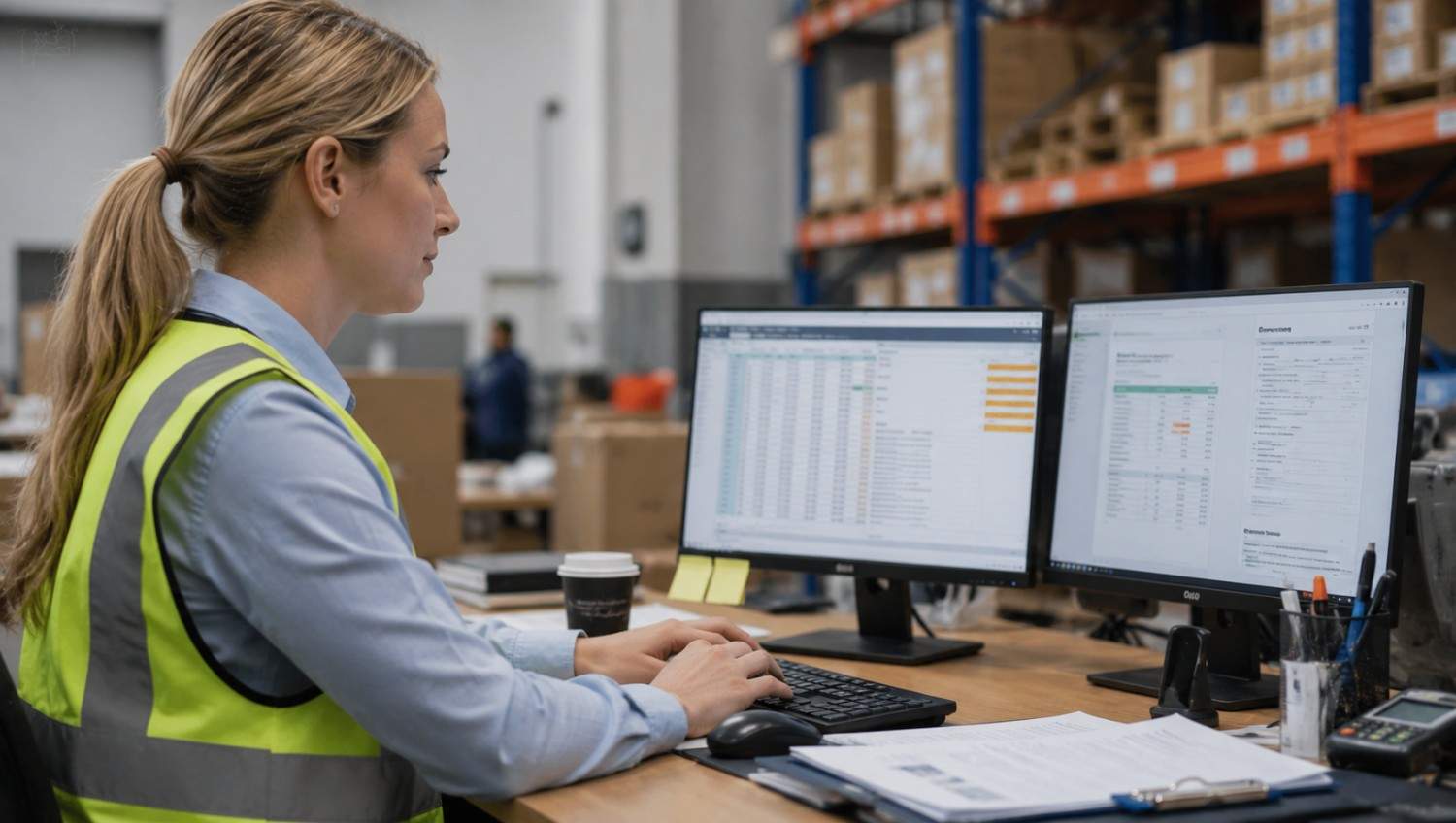 Operations AI agent managing invoices, inventory, document workflows, and business operations in a warehouse office