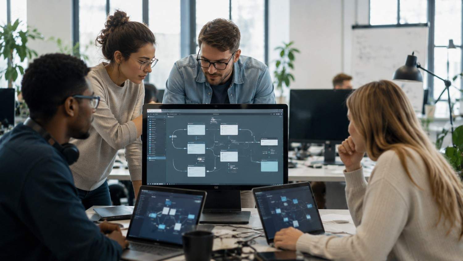 Multi Agent Systems team collaborating on interconnected workflows and coordinated business automation in a modern office