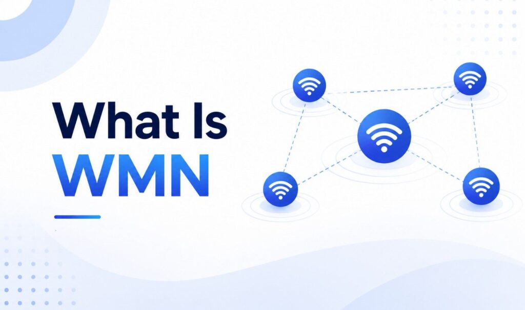 What Is WMN illustration showing a wireless mesh network connecting multiple devices through interconnected nodes
