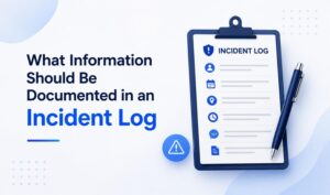 Incident log checklist showing essential information to document after a workplace or security incident