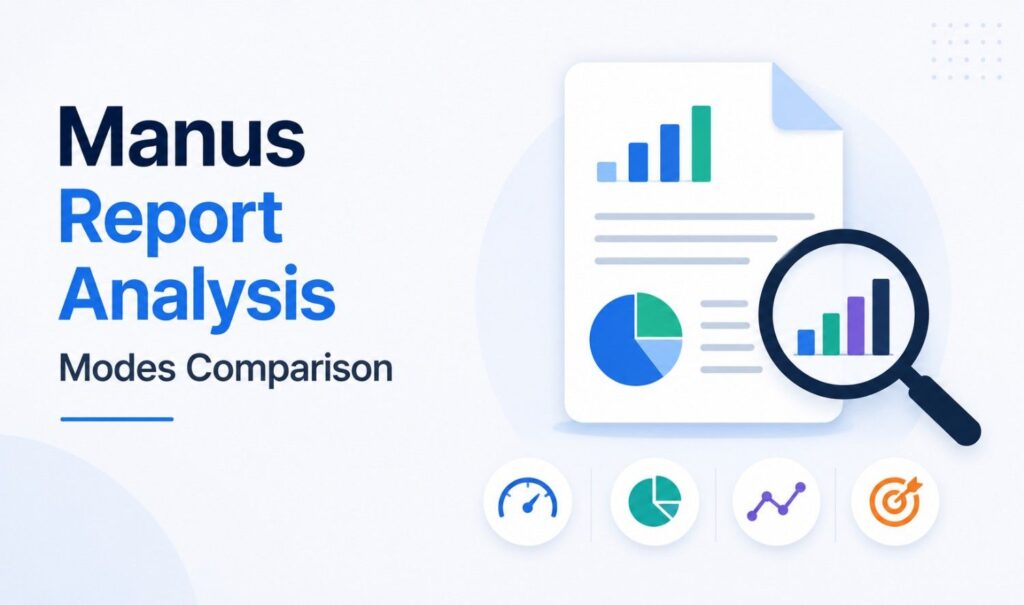 Manus Report Analysis Modes Comparison illustration showing report analytics, performance charts, and comparison dashboard