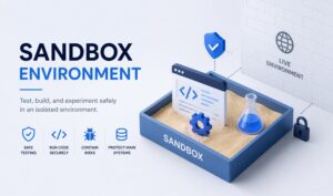 Sandbox Environment illustration showing secure isolated testing for running code, testing software, and protecting live systems.