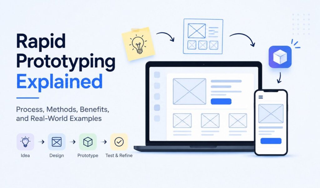Rapid Prototyping Explained illustration showing the idea, design, prototype, testing, and refinement process.