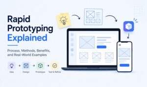 Rapid Prototyping Explained illustration showing the idea, design, prototype, testing, and refinement process.
