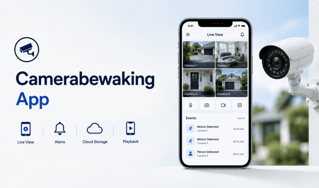 Camerabewaking App showing live security camera monitoring, motion alerts, cloud storage, and video playback on a smartphone.
