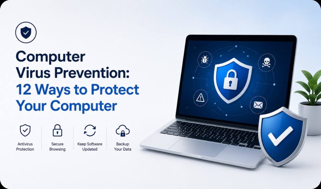 Computer Virus Prevention illustration showing antivirus protection, secure browsing, software updates, data backup, and computer security.