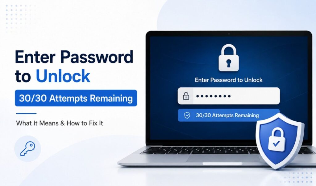Enter Password to Unlock 30/30 Attempts Remaining screen showing a password field, device lock, and security warning.