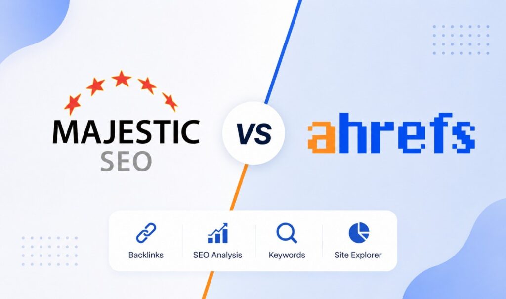 Majestic SEO vs Ahrefs comparison illustration showing two SEO tools with backlink analysis, keyword research, and site explorer features.
