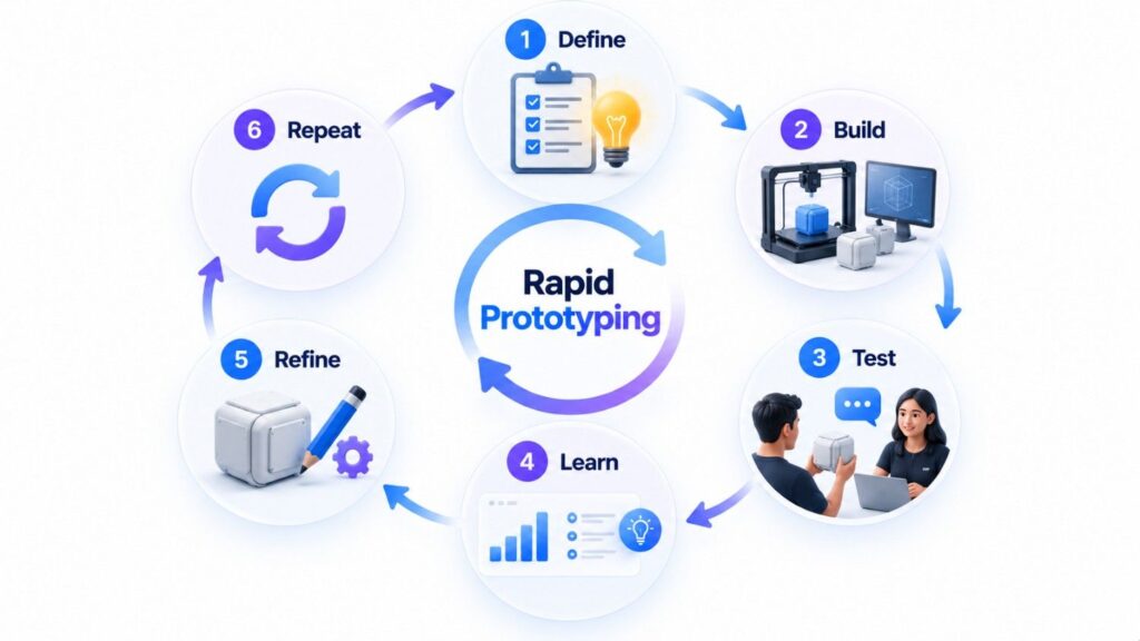 Rapid prototyping process showing define, build, test, learn, refine, and repeat stages