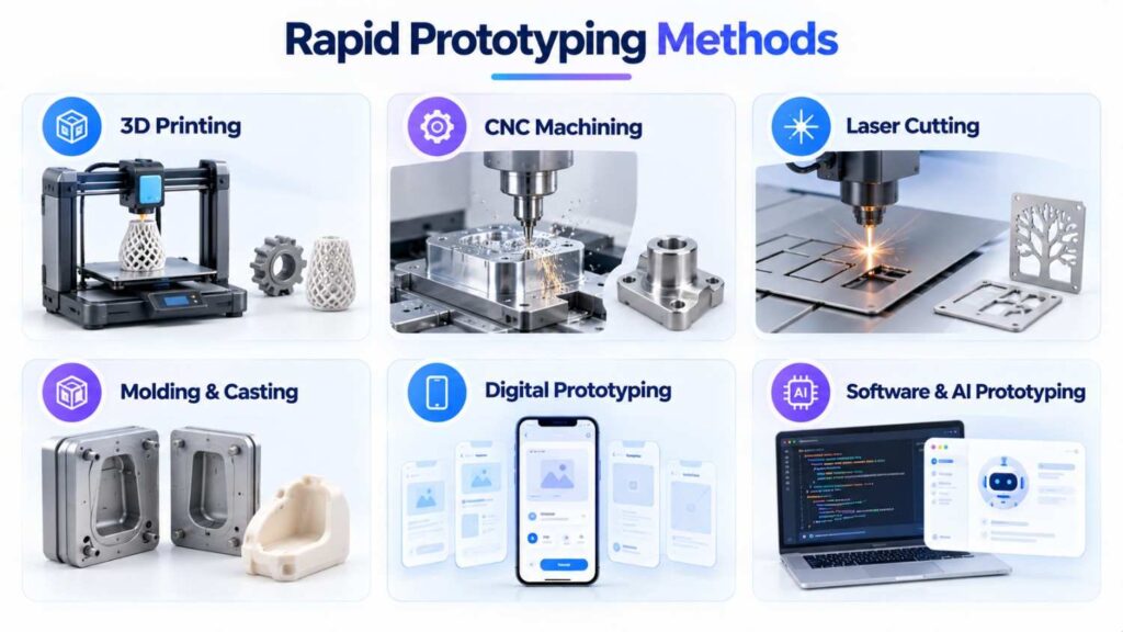 Rapid prototyping methods including 3D printing, CNC machining, laser cutting, molding, digital prototyping, and software prototyping