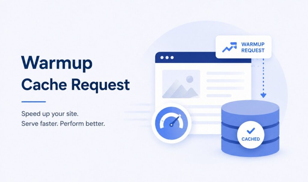 Warmup Cache Request illustration showing website caching, server performance, and faster page loading.