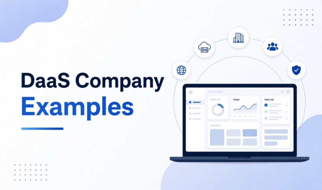 Illustration showing DaaS company examples with a cloud-based data platform, analytics dashboard, and connected business services.