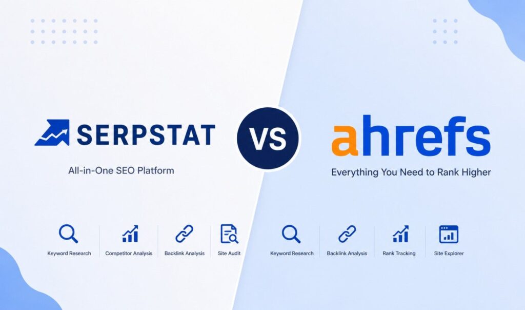 Serpstat vs Ahrefs comparison illustration showing two SEO tools for keyword research, backlink analysis, rank tracking, and site audits.