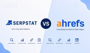 Serpstat vs Ahrefs comparison illustration showing two SEO tools for keyword research, backlink analysis, rank tracking, and site audits.