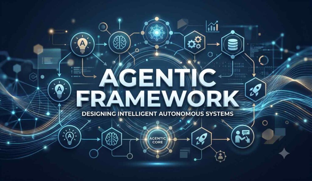 Agentic framework concept diagram illustrating intelligent autonomous AI systems and workflows.