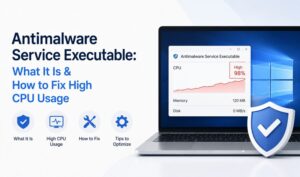 Antimalware Service Executable showing high CPU usage in Windows and system performance monitoring.