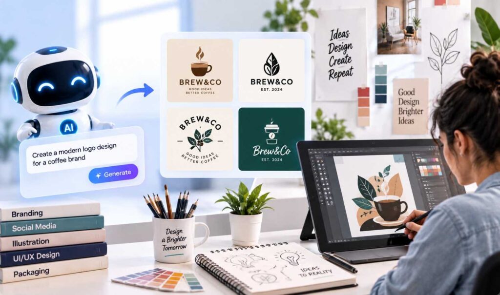 Creative ways to use AI for custom designs, including logo creation, branding, illustrations, and AI-assisted graphic design.