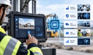 AI integration with rugged displays showing an industrial worker using an AI-powered rugged tablet for real-time monitoring and field operations.