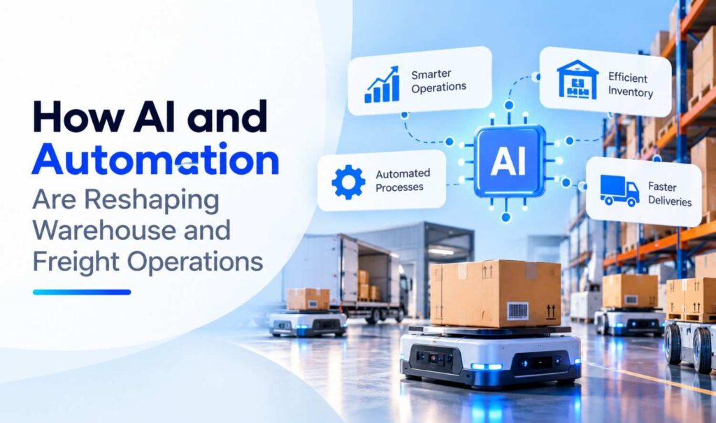 AI and automation in warehouse and freight operations improving inventory management, automated processes, logistics, and faster deliveries.