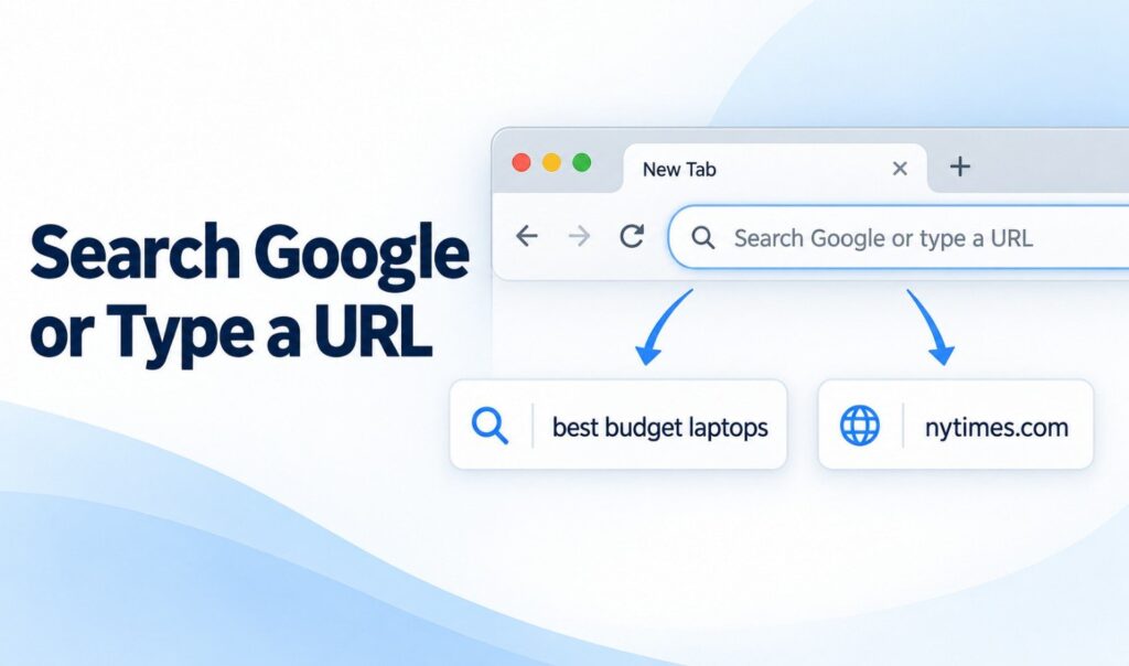 Browser address bar reading “Search Google or type a URL,” with a search query and a website address shown as two input options