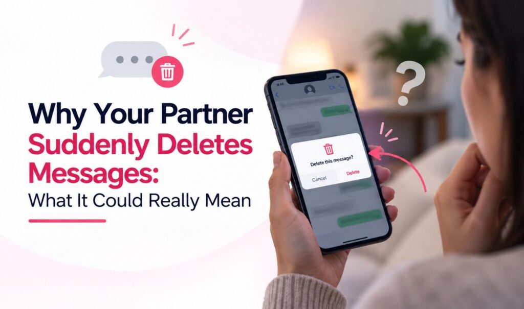 Why your partner suddenly deletes messages, showing a deleted chat message on a phone and questions about what it could mean.