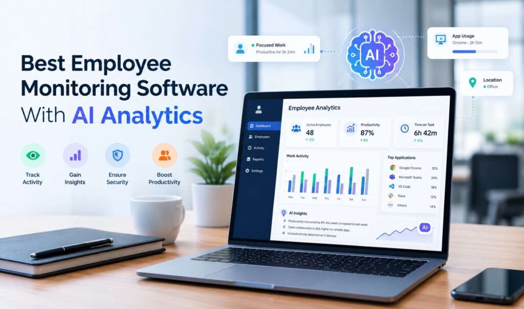 Best employee monitoring software with AI analytics dashboard showing productivity, activity tracking, and AI-generated insights.