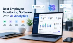 Best employee monitoring software with AI analytics dashboard showing productivity, activity tracking, and AI-generated insights.