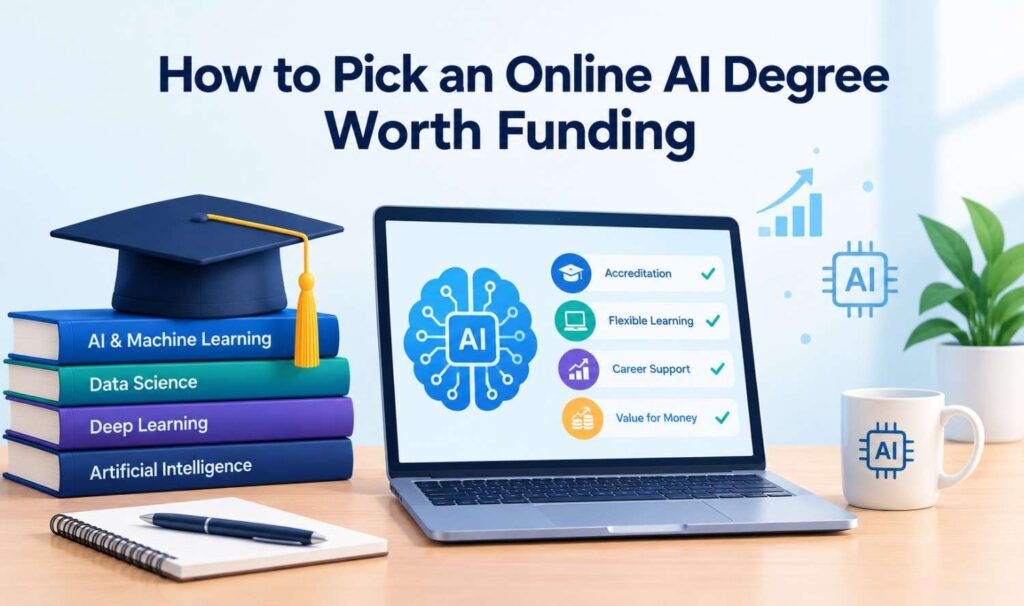 Online AI degree education featuring a laptop with an AI brain, graduation cap, and checklist of key degree selection criteria.