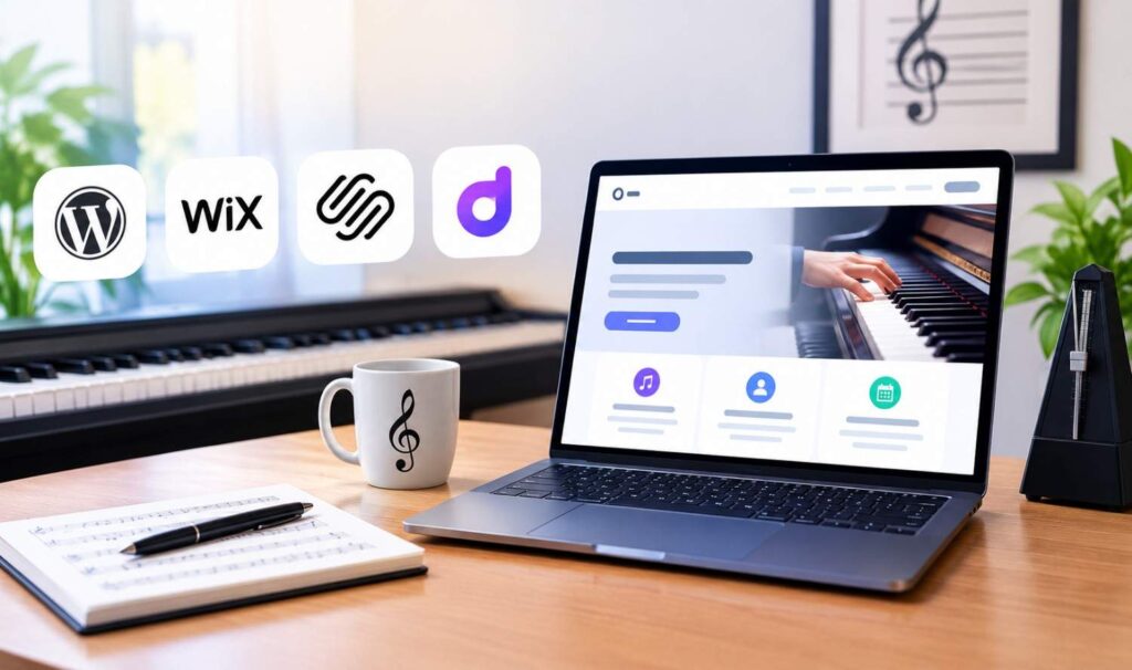 Laptop displaying a piano lesson website alongside music keyboards and website builder logos, including WordPress, Wix, and Squarespace.