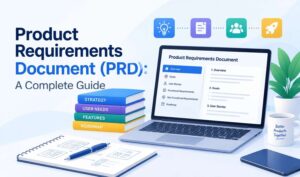 Product Requirements Document PRD guide showing a laptop with product requirements, user stories, features, and roadmap