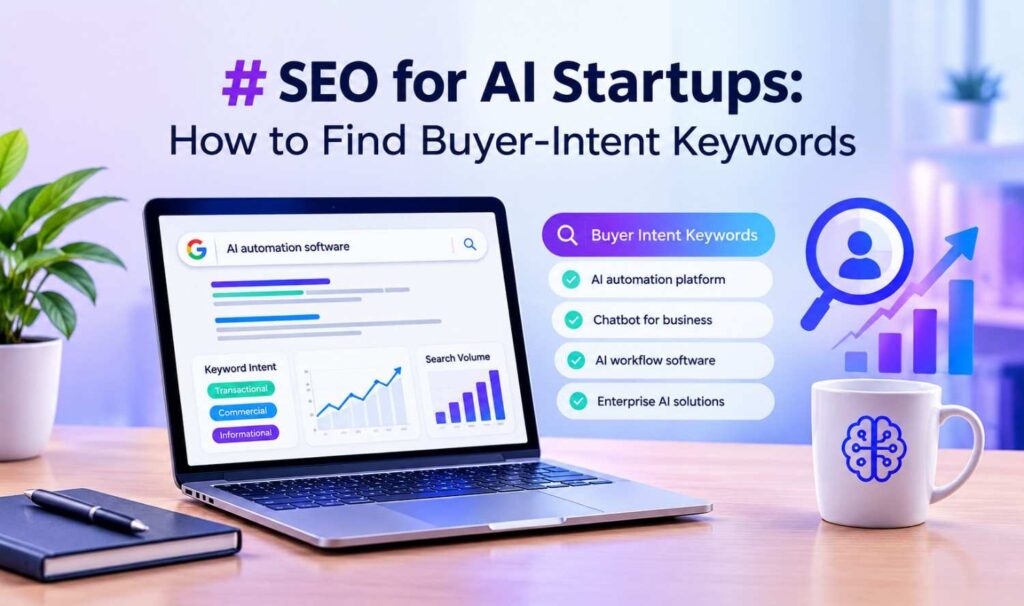SEO for AI startups featuring buyer-intent keyword research, search volume analytics, and AI software keyword examples on a laptop.
