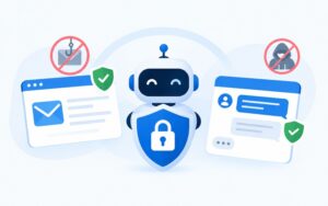 AI messaging security agent protecting business email and chat with a shield, lock, and phishing threat prevention icons.