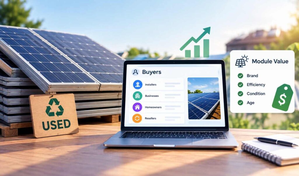 Used solar panels for resale alongside a laptop showing potential buyers and key factors affecting solar panel value.