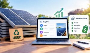 Used solar panels for resale alongside a laptop showing potential buyers and key factors affecting solar panel value.