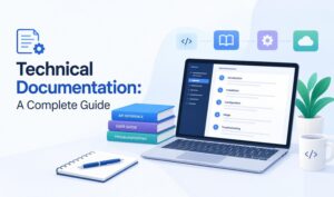 Technical documentation guide showing a laptop with documentation sections, API reference books, and technical writing tools