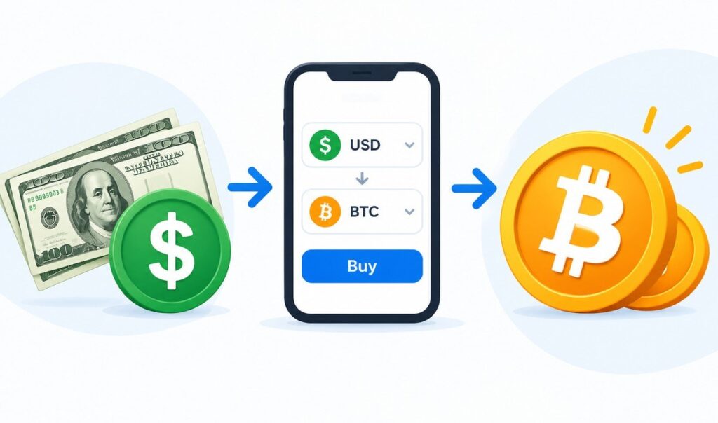 Illustration showing US dollars being converted into Bitcoin (BTC) through a mobile phone purchase interface.