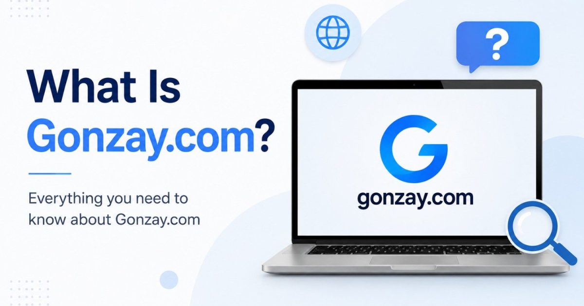 Gonzay.com website overview with laptop illustration explaining what Gonzay.com is and how it works